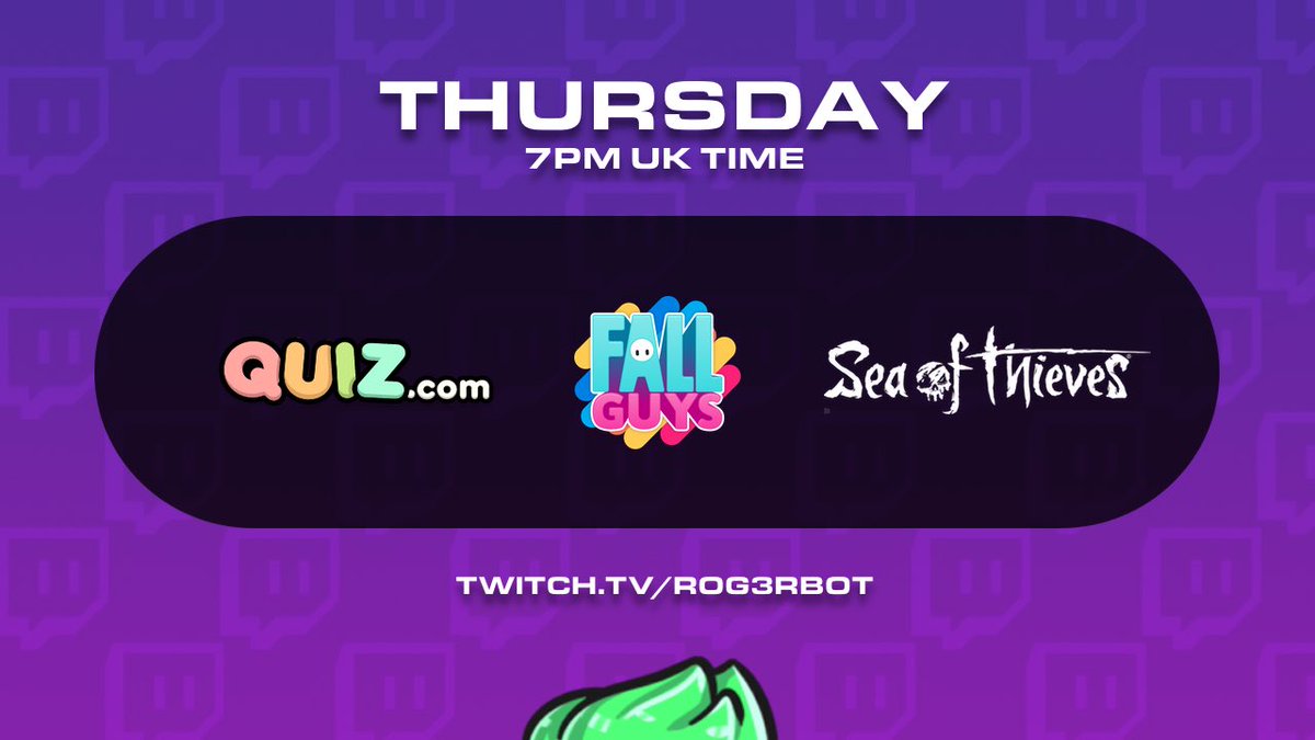 Hey lovely Humans!! Come and join the fun tonight on #twitch! 

👉🏻 twitch.tv/rog3rbot

We’re playing Fall Guys, Quiz(.com), then Sea of Thieves! 

Stream starts at 7pm UK Time. See you there!! 👊🏻😄

 #FallGuys #SeaofThieves #TwitchQuiz