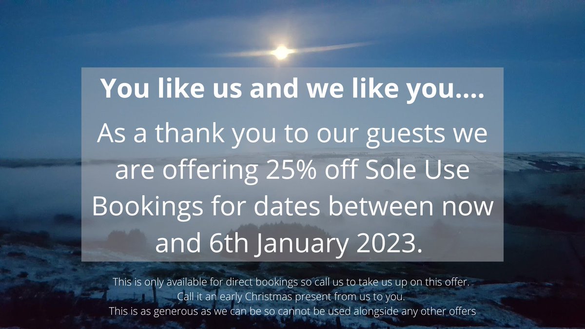 Call it an early Christmas present from us to you.
25% off Sole Use Bookings for dates between now and 6th January 2023. 
Direct bookings only. This is as generous as we can be so cannot be used alongside any other offers
01434 345288, contact@ninebanks.org.uk
#YHA #IHUK