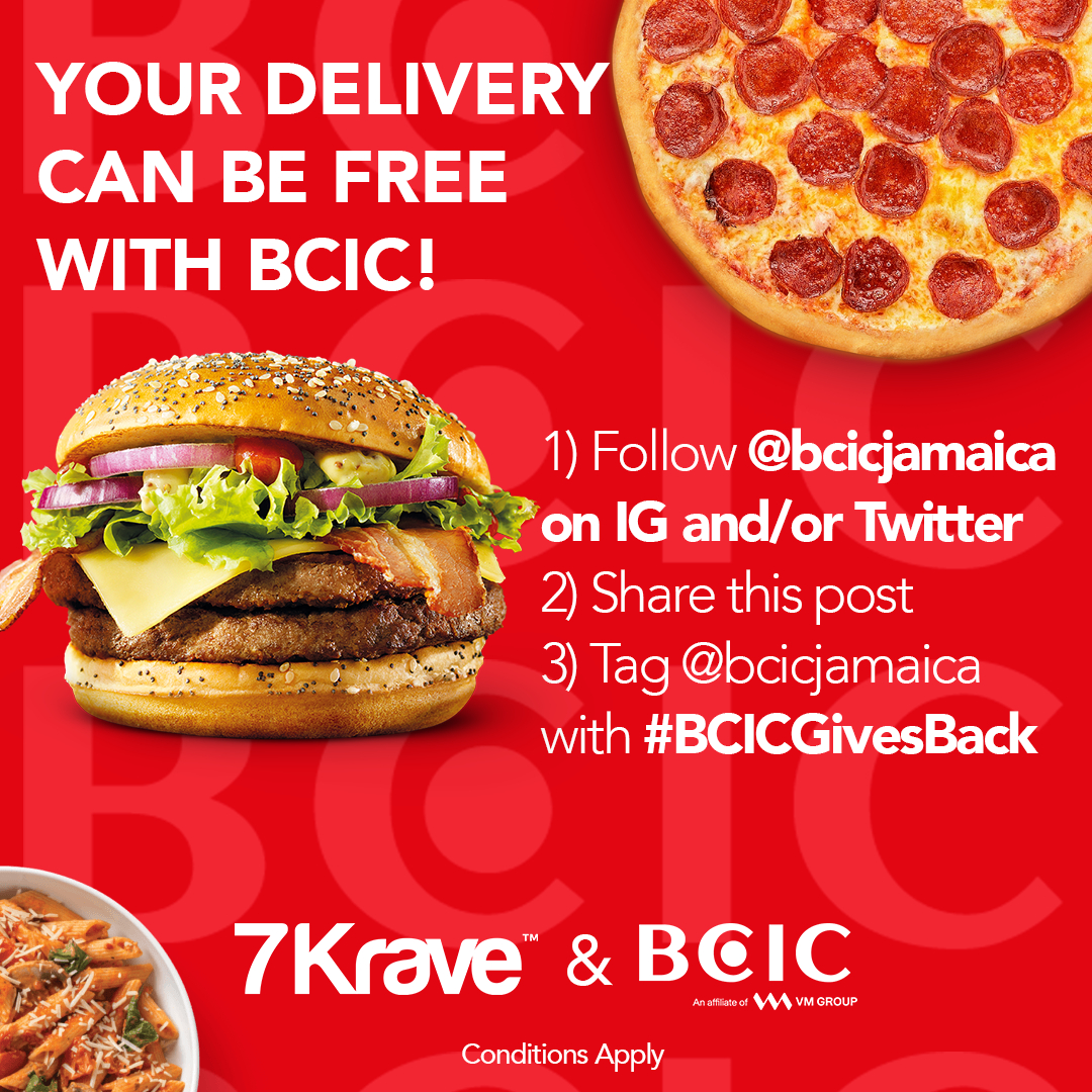 FREE delivery on BCIC with 7KRAVE!
1) Follow <a href="/bcicjamaica/">IG: BCICJamaica</a> on IG and/or Twitter 2) Share the post 3) Tag <a href="/bcicjamaica/">IG: BCICJamaica</a> using #bcicgivesback #7krave #food # delivery #freedelivery #jamaica