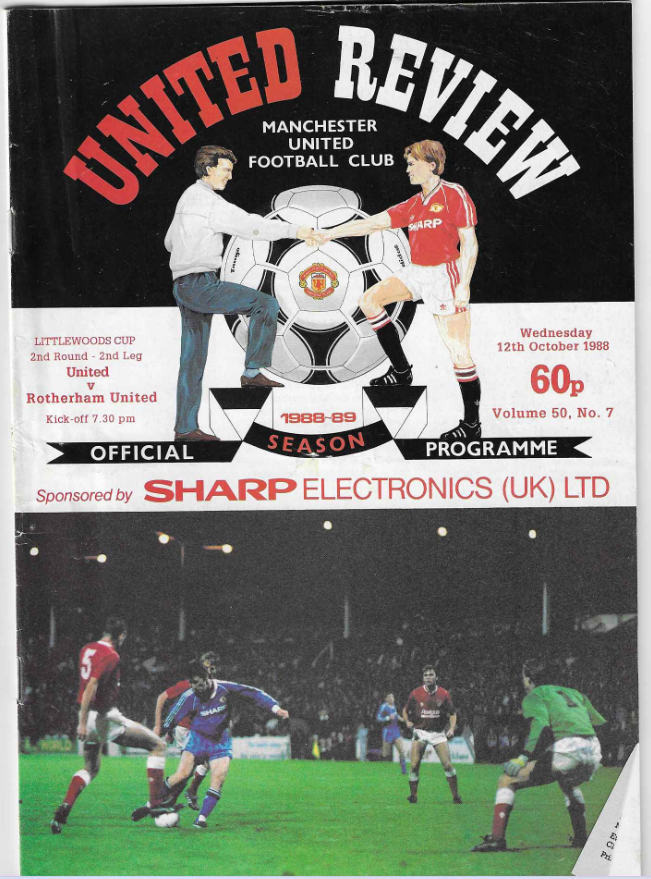 80s_mufc's tweet photo. 12th October 1988 vs Rotherham in the Littlewoods Cup. (1-0) Inside pages highlighting the debut of Lee Sharpe in the previous home game against Spurs in a 2-2 Draw https://t.co/IlvnULJSGX