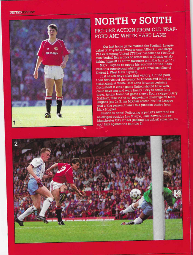 80s_mufc's tweet photo. 12th October 1988 vs Rotherham in the Littlewoods Cup. (1-0) Inside pages highlighting the debut of Lee Sharpe in the previous home game against Spurs in a 2-2 Draw https://t.co/IlvnULJSGX