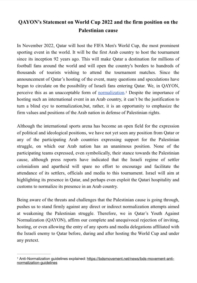 QAYON's tweet photo. Re-Sharing our statement regarding the 2022 World Cup in Qatar with an added English Translation: 

https://t.co/s0092Om5Oh

#فلسطين_في_المونديال #فلسطين_في_مونديال_قطر https://t.co/uaqJTXCSKA