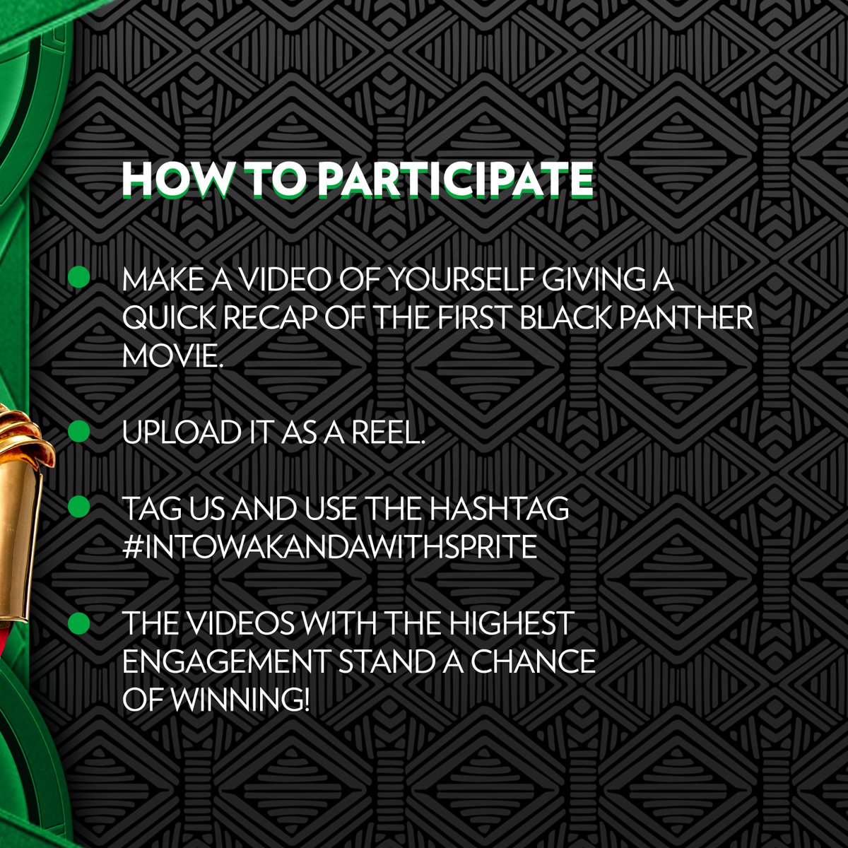 Sprite_NG's tweet photo. It’s Black Panther SZN! 🖤📽
Join the #IntoWakandaWithSpriteZero challenge for a chance to win a movie ticket to watch Wakanda or free merch!
#ZeroLimit #WakandaForever https://t.co/8RGNSC94pt
