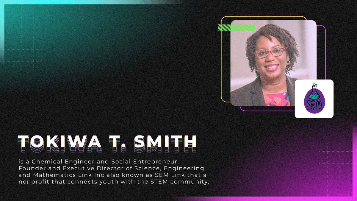 dosomething's tweet photo. Tokiwa T. Smith, is a chemical engineer and social entrepreneur, founder and executive director of Science, Engineering and Mathematics Link, Inc also known as @semlink a nonprofit that connects youth with the STEM community. #MakeSTEM100
Register: https://t.co/KLFKd4aFwl https://t.co/31nloUaeT3