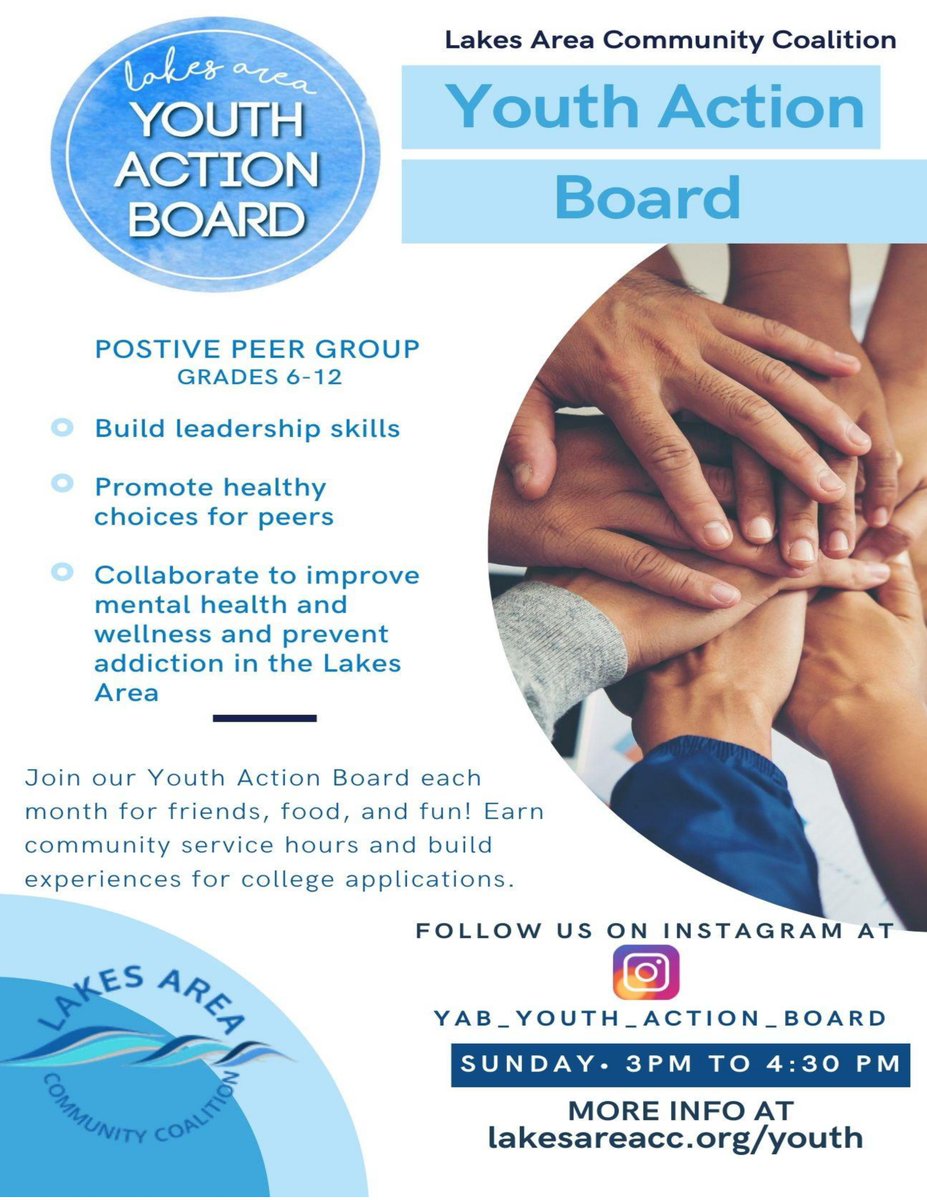 Lakes Area Community Coalition (@lakesarea_cc) on Twitter photo Calling All Middle and High Schoolers! ๐ฃ
Make an Impact & Join our Youth Action Board!! ๐
SIGN UP TODAY ๐ bit.ly/YABSignup
For Questions or more info๐ contact McKaya at McKaya@LakesAreaCC.org.
#LakesAreaCommunityCoalition #YouthActionBoard #SignUp #WLCSD Calling All Middle and High Schoolers! ๐ฃ
Make an Impact & Join our Youth Action Board!! ๐
SIGN UP TODAY ๐ bit.ly/YABSignup
For Questions or more info๐ contact McKaya at McKaya@LakesAreaCC.org.
#LakesAreaCommunityCoalition #YouthActionBoard #SignUp #WLCSD