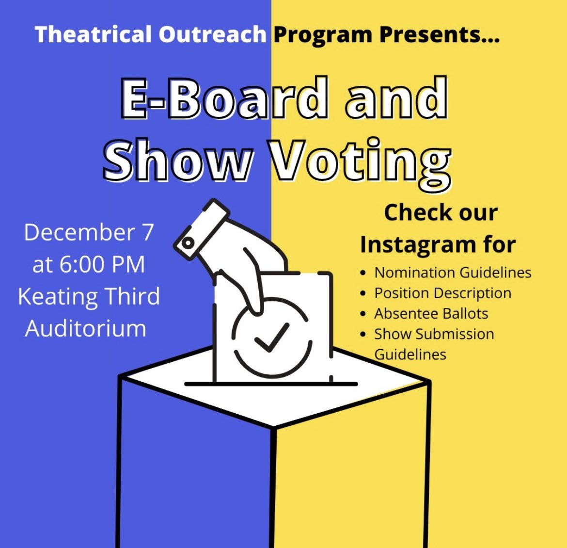 TOP_Fordham's tweet photo. Eboard and Show Voting is coming up! December 7th at 6:00 PM in Keating Third Auditorium. Check out our instagram for more information on positions. Also if this looks like the post from last year, what are you talking about??? I didn’t just reuse it https://t.co/g0gcPzcvIJ