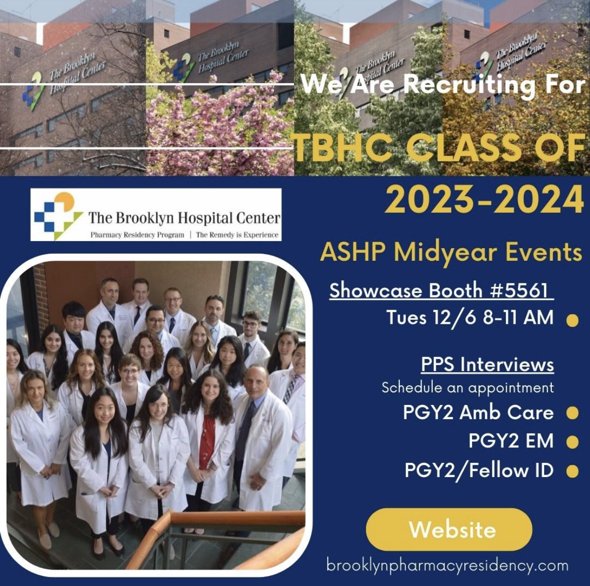 tbhcpharmres's tweet photo. Check us out at ASHP Midyear and schedule a PPS interview with one of our PGY2 programs! Feel free to DM for more info! #PharmRes #TwitteRx https://t.co/AqWKPjDDmO