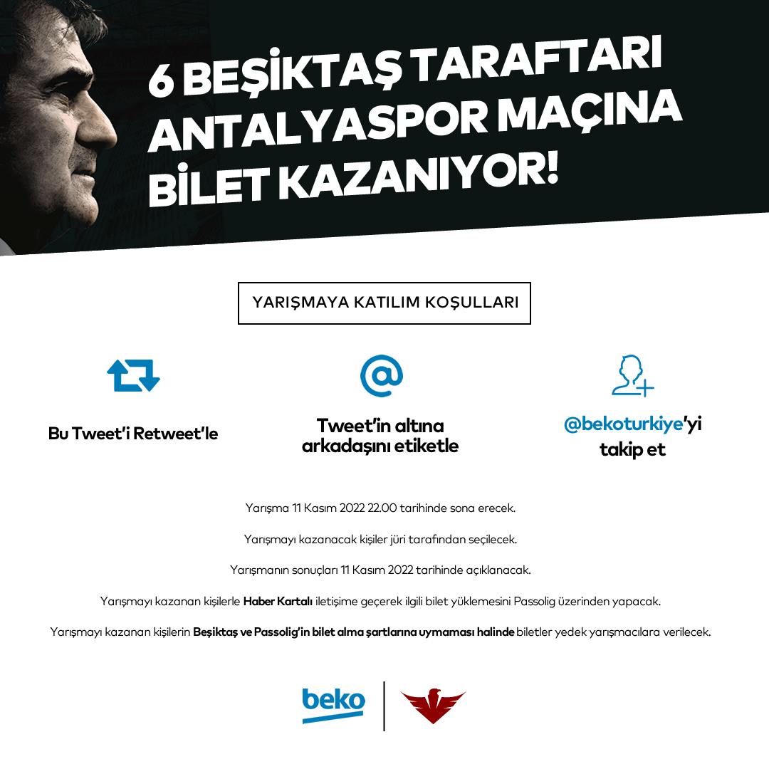 HaberKartali's tweet photo. 🦅 Haber Kartalı &amp; #EfsaneSponsor Beko iş birliğiyle 6 taraftarımız Beşiktaş - Antalyaspor maçına bilet kazanıyor!

▪️ Bu Tweet'i Retweet'le,
▪️ Tweet'in altına arkadaşını etiketle,
▪️ @bekoturkiye'yi takip et! https://t.co/oOkmmvKTaC