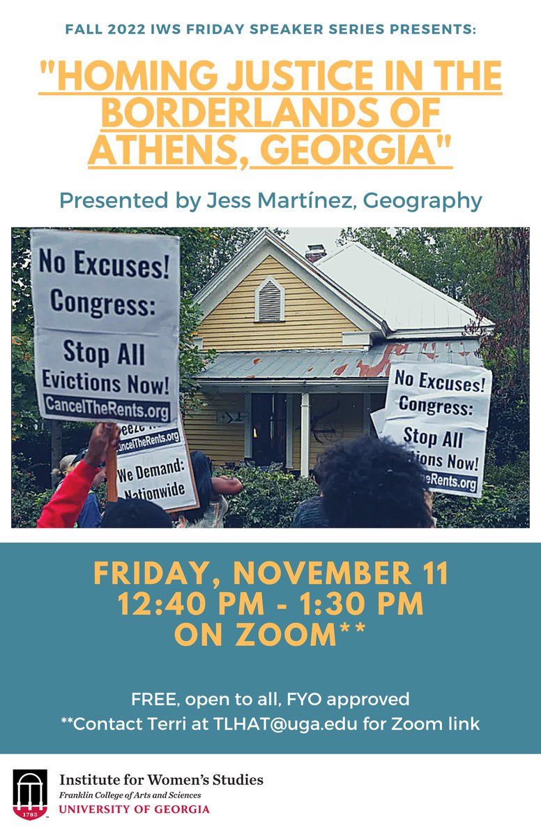 Tomorrow is our last Friday Speaker Series of Fall 2022! Join us on Zoom* at 12:40pm for "Homing Justice in the Borderlands of Athens, GA" presented by Jess Martínez, a doctoral student in <a href="/GeographyUGA/">UGA Geography</a>. FREE, open to all, FYO. *TLHAT@uga.edu for Zoom link. Hope to see you there!