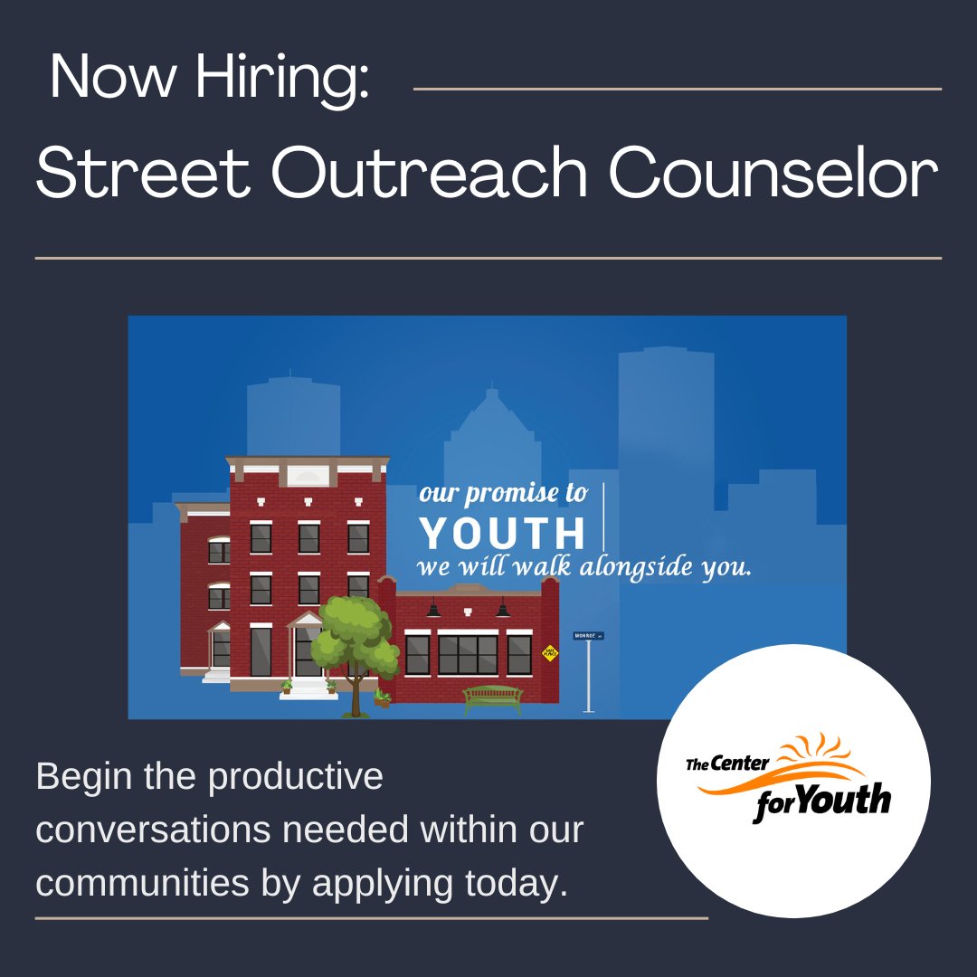 The Center for Youth (@center4youth) on Twitter photo We are seeking Street Outreach Counselors to engage with runaway, homeless youth (RHY) with the goal of increasing their access to community resources. Please send your resume, with the job title in the description, to resumes@centerforyouth.net. We are seeking Street Outreach Counselors to engage with runaway, homeless youth (RHY) with the goal of increasing their access to community resources. Please send your resume, with the job title in the description, to resumes@centerforyouth.net.