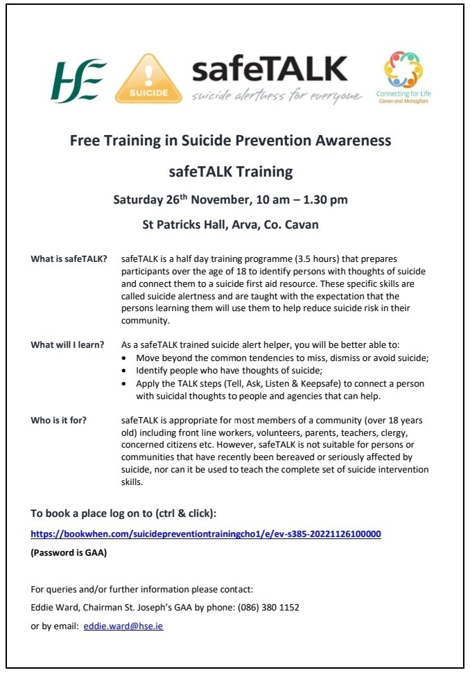 arvagaa's tweet photo. St Josephs are hosting SafeTalk event on Saturday 26th November, see poster for full details
@KilleshandraGaa https://t.co/dmUGlkm7Ks