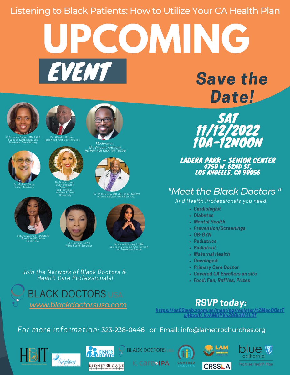 SsideCoalition's tweet photo. Meet the Black Doctors event this Saturday, November 12th from 10 am -12 noon at the Ladera Park Senior Center. Come out and meet some of the medical providers from Eisner Health!  Event  and breakfast sponsored by @BlueShieldofCA Promise Health Plan.
@BlueShieldofCA
#BSCPromise https://t.co/We9Od5Krtd