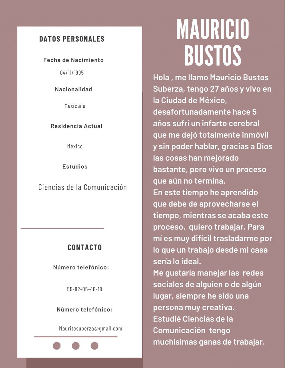 baronesarampant's tweet photo. 🤝Mauro fue mi alumno. Sufrió un infarto cerebral hace cinco años y en el camino de su recuperación: ¡quiere trabajar! 

📄Aquí su solicitud de empleo.

😎Estamos buscando chamba para él. Ayúdenos a que este mensaje llegue a la persona indicada. 

Cc @frasalazar @la_de_rh https://t.co/ANZRtJA56p