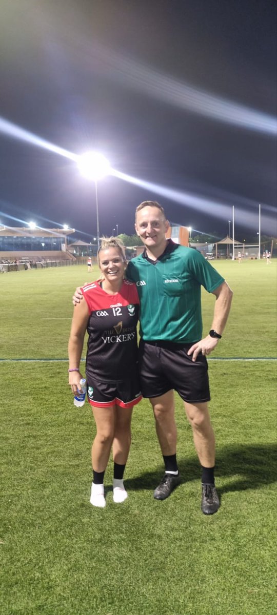 Sarah Forde of Castletown &amp; Al Reem Shamrocks pictured with Wexford Referee Eamonn Furlong at RD 2 of the Middle East Hurling &amp; Camogie league in Al Ain.Sarah was in action in the Intermediate Camogie,Eamonn flew out as one of the International referee's officiating on the night.