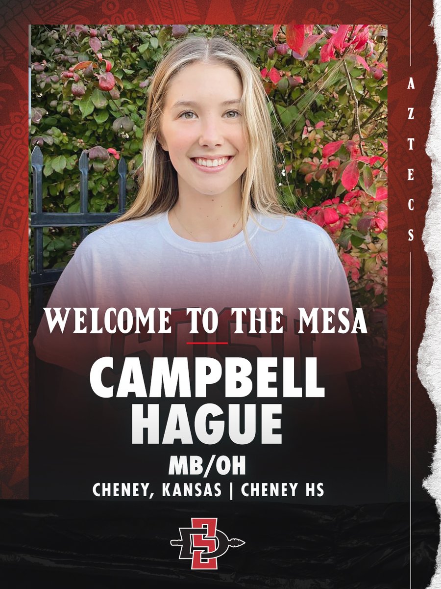Excited to welcome Campbell Hague to our Aztec family! Campbell is middle blocker/outside hitter from Kansas who was named her conference's MVP and led her squad to a third-place state finish.  #GoAztecs 
🏐❤️🖤
