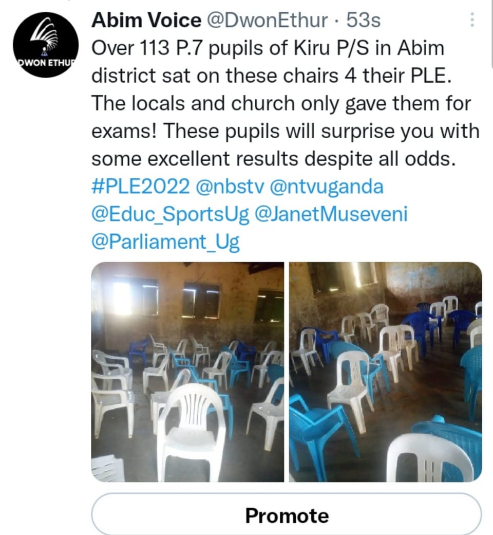 FrancisOkori's tweet photo. I cannot immagine that an old school like Kiru Primary school can still have P.LE Candidates sitting on chairs without reading table. It is reported that only 65 reading tsbles are available. Where are OBs and OGs of this great school   https://t.co/ChxKgU38n9 https://t.co/4jY0aRHUJf
