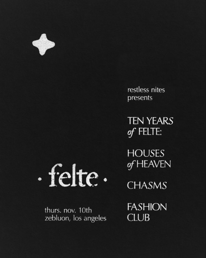 chasms____'s tweet image. LA 🚨playing nite 1 of the  @felte_label 10 year anniversary @ZebulonLA tonite! Set times:
8:30 @FashionClubBand 
9:30 Chasms
10:30 @housesofheaven 
+ DJ Pockets 💋 Tickets in bio and also at the door 💋