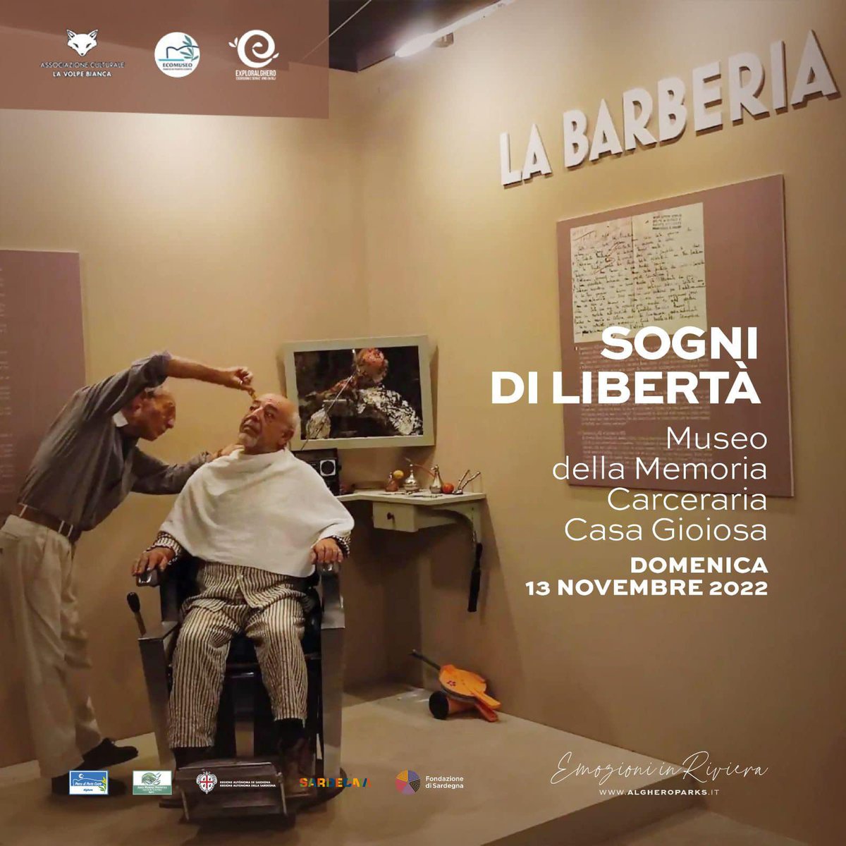 “Sogni di libertà” 
Dopo il grande successo riscosso ad Ottobre, anche a Novembre il Museo della Memoria Carceraria di #CasaGioiosa farà da palcoscenico a questo evento unico! 

Gli attori della Volpe Bianca rievocheranno la storia della Colonia Penale Agricola di Tramariglio.