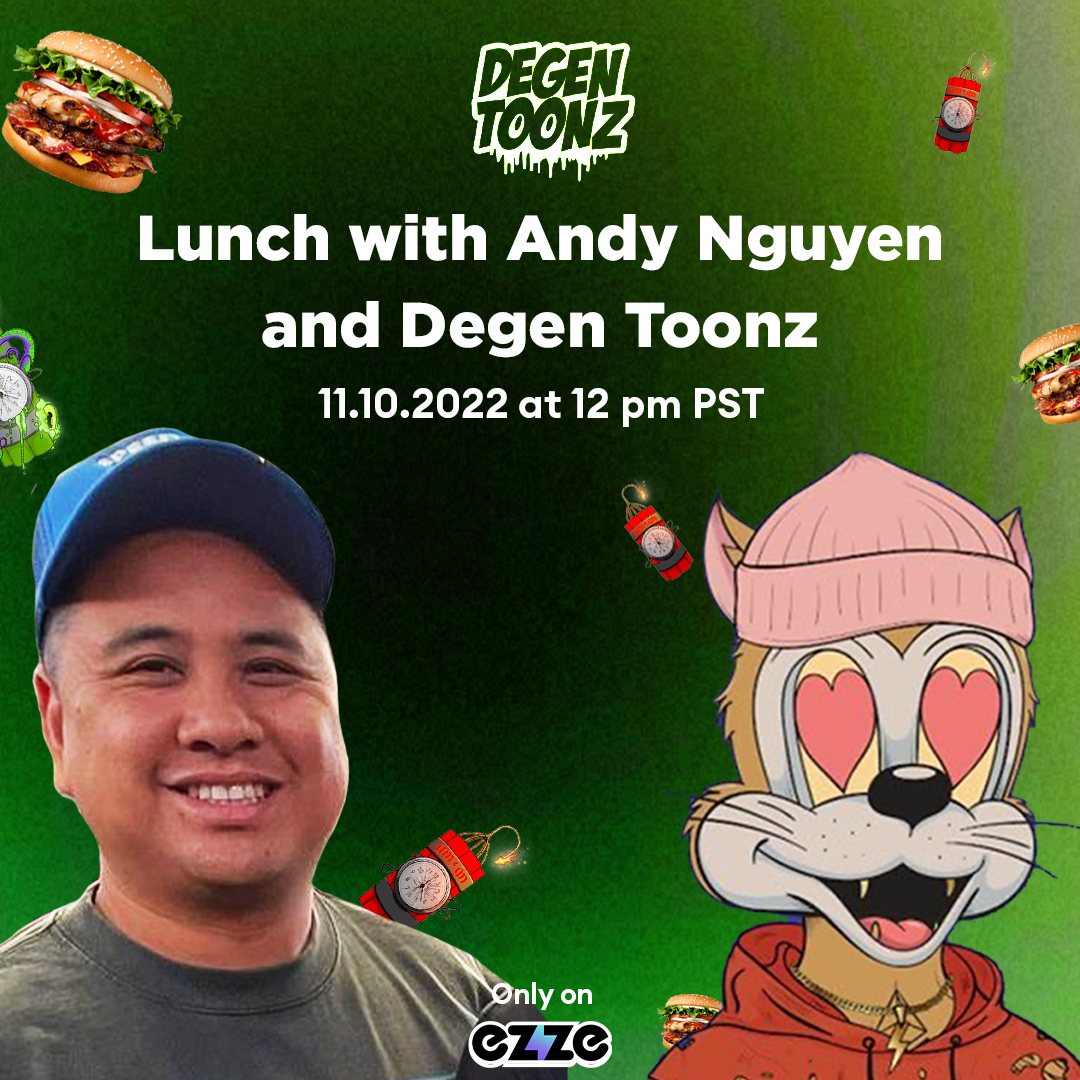 ezze_live's tweet photo. Join Us for "Lunch with Andy Nguyen and @DegenToonz " on 11.10.22 at 12 pm PST. Watch the Livestream BTS @gmgnpodcast exclusively on @ezze_live 
Download the App now https://t.co/0VGWUPxD2W 
#NFT #NFTCommunity https://t.co/dbLi6pZuK0
