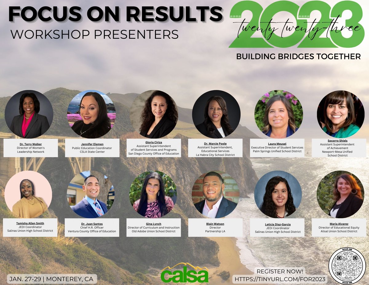 CALSAfamilia's tweet photo. We're excited to share some of the workshop presenters for the 2023 Focus On Results Conference in Monterey, CA! There will be so many amazing take-aways and we hope you'll join us! Scan the QR code to register! #FOR23 #Calsafamilia https://t.co/PdKnNcr0jS