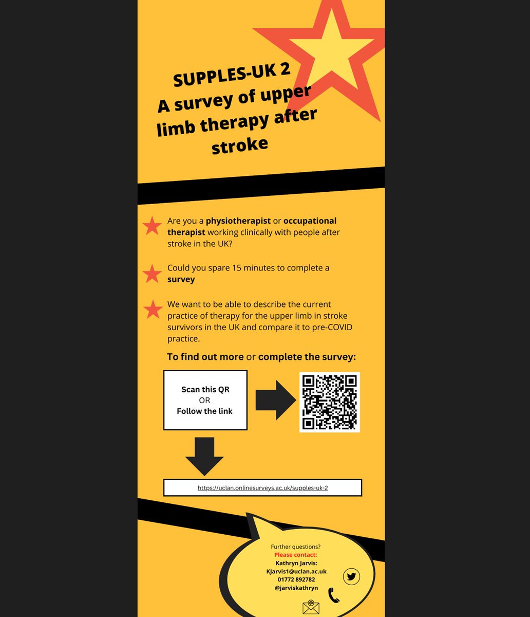 Are you a physiotherapist or occupational therapist working clinically with people after stroke in the UK? If so, please help us describe current therapy for the upper limb by completing this survey: uclan.onlinesurveys.ac.uk/supples-uk-2 @rachel_stockley @researchphysio @RosePeelOT 👇