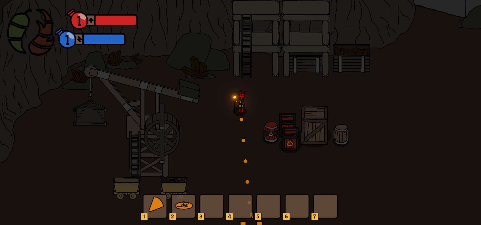 Screenshot of Kalia in a mine showcasing several assets: minecarts, explosives, wooden containers, platforms, a wooden crane and crystal deposits.