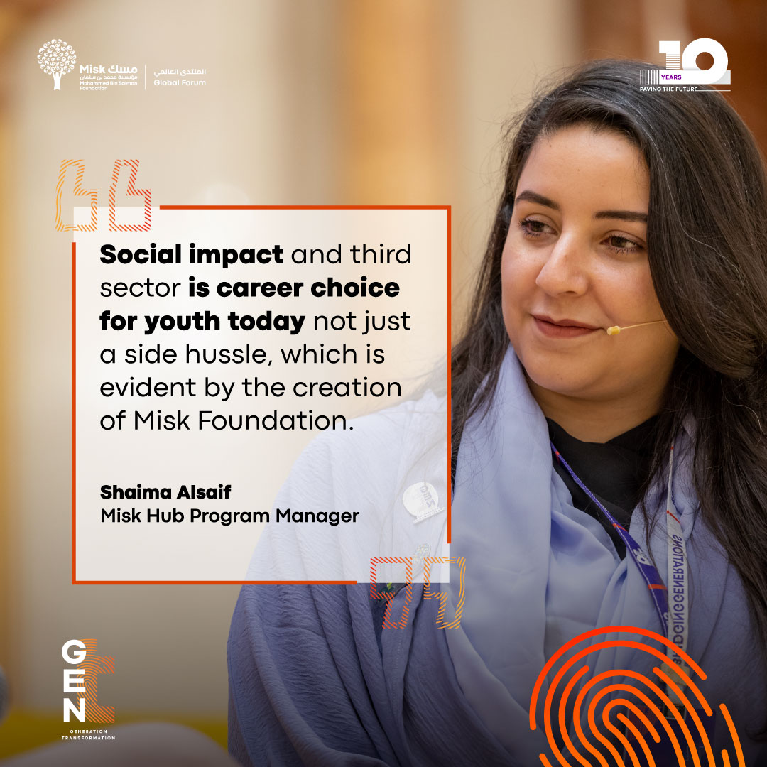 Shaima Alsaif, Misk Hub Program Manager, says social impact causes have fast become the modus operandi for youth seeking to make a positive impact on people and planet. #MGF22 #BridgingGenerations