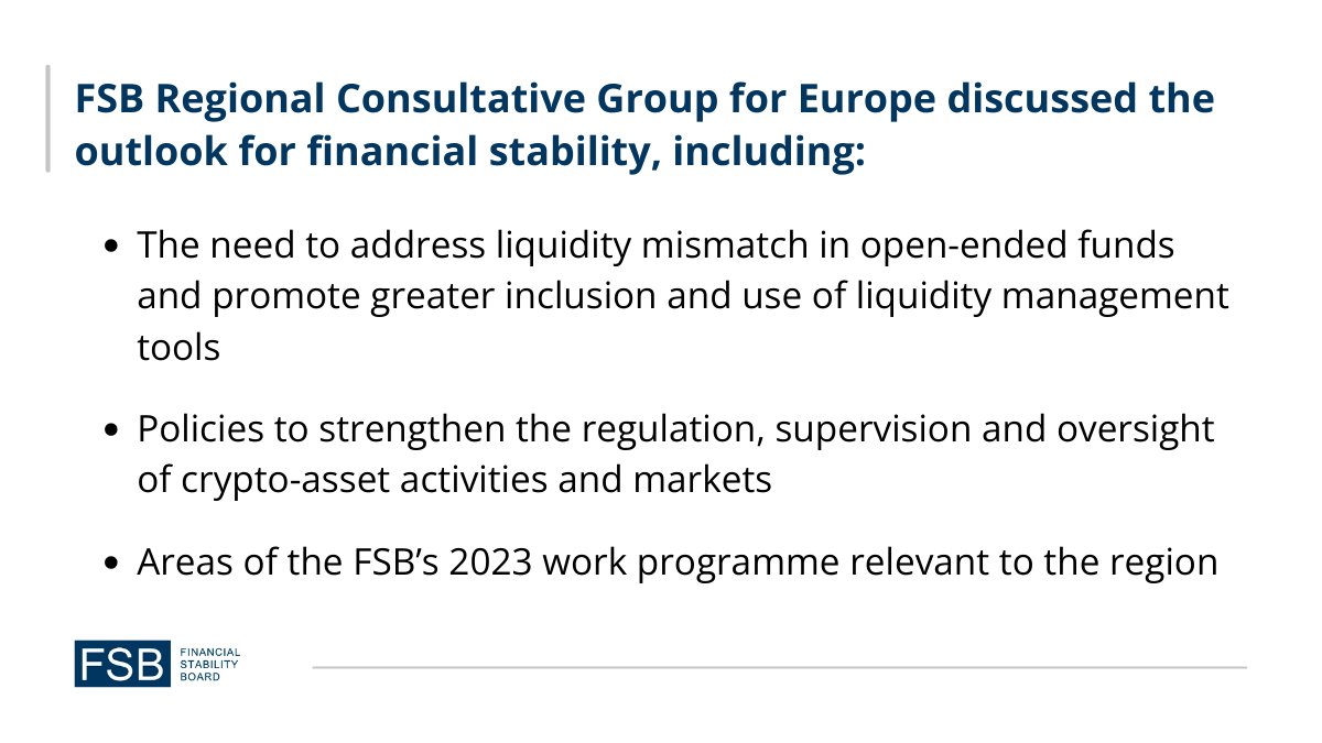 FinStbBoard's tweet photo. Thank you to @bancodeportugal for hosting our Regional Consultative Group for Europe today in Lisbon. We discussed the outlook for #FinancialStability, risks arising from liquidity mismatch in #OEFs and policies to address risks from #cryptoassets
👉  https://t.co/pFfHCrXJub https://t.co/EqAZerqDUs