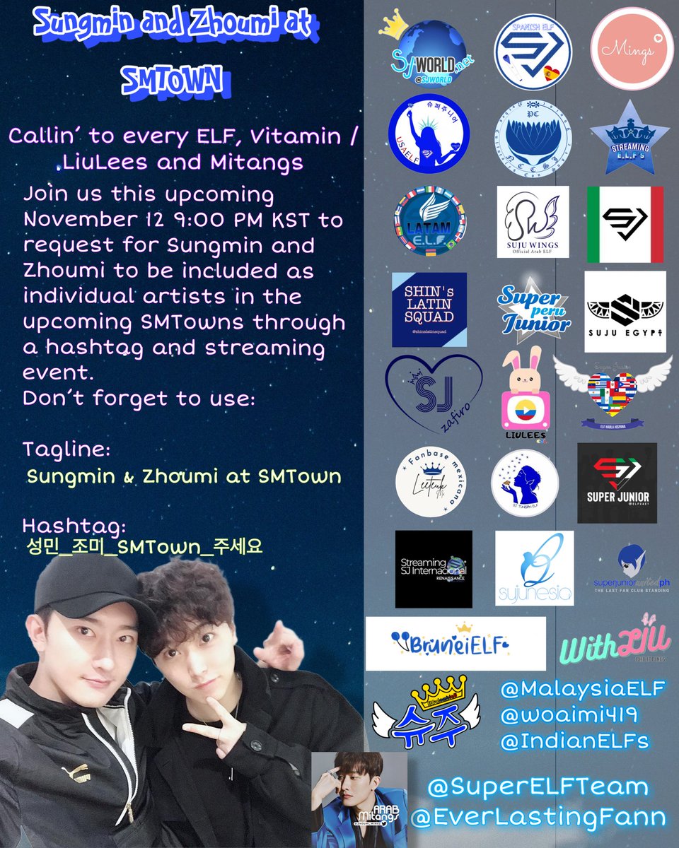 sjworld's tweet photo. ☆ We're uniting to request for Sungmin &amp; Zhoumi to be included as individual artists in the upcoming SMTowns through a hashtag/streaming event.

When: 11/12 9pm KST
Tagline: Sungmin &amp; Zhoumi at SMTown 
Hashtag: 성민_조미_SMTown_주세요

Pls DM if your fanbase would like to join~ https://t.co/NnjZ91vtKC