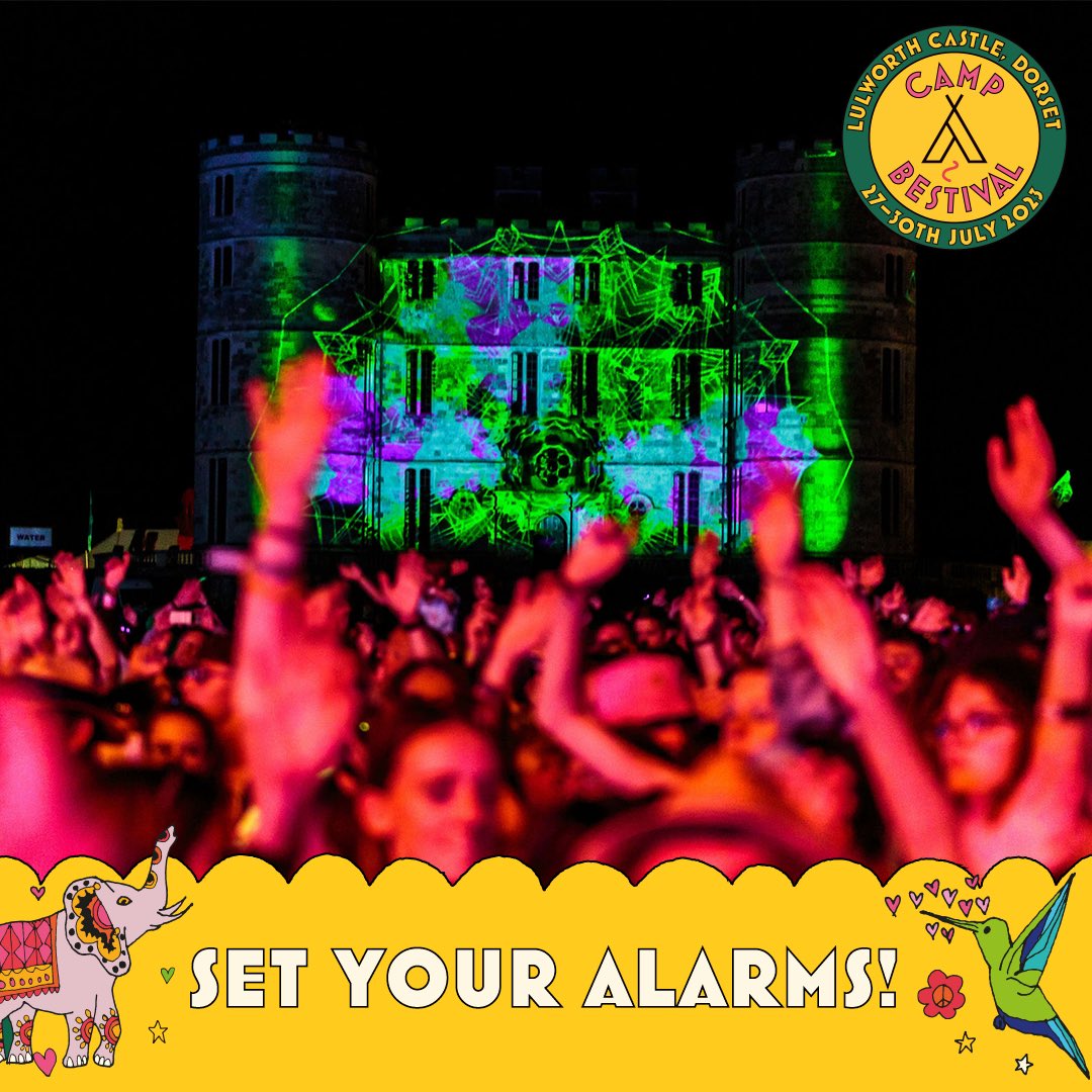 CampBestival's tweet photo. KLAXON ALERT! Set your alarms and keep your eyes peeled ⏰👀 That’s right folks, 8am Monday 14th November, the Camp Bestival 2023 Line-ups are incoming! We’re super excited to share them and can’t wait to see all your smiling faces again next summer! ☀️🌈

#CampBestival https://t.co/pkD3YviXPH