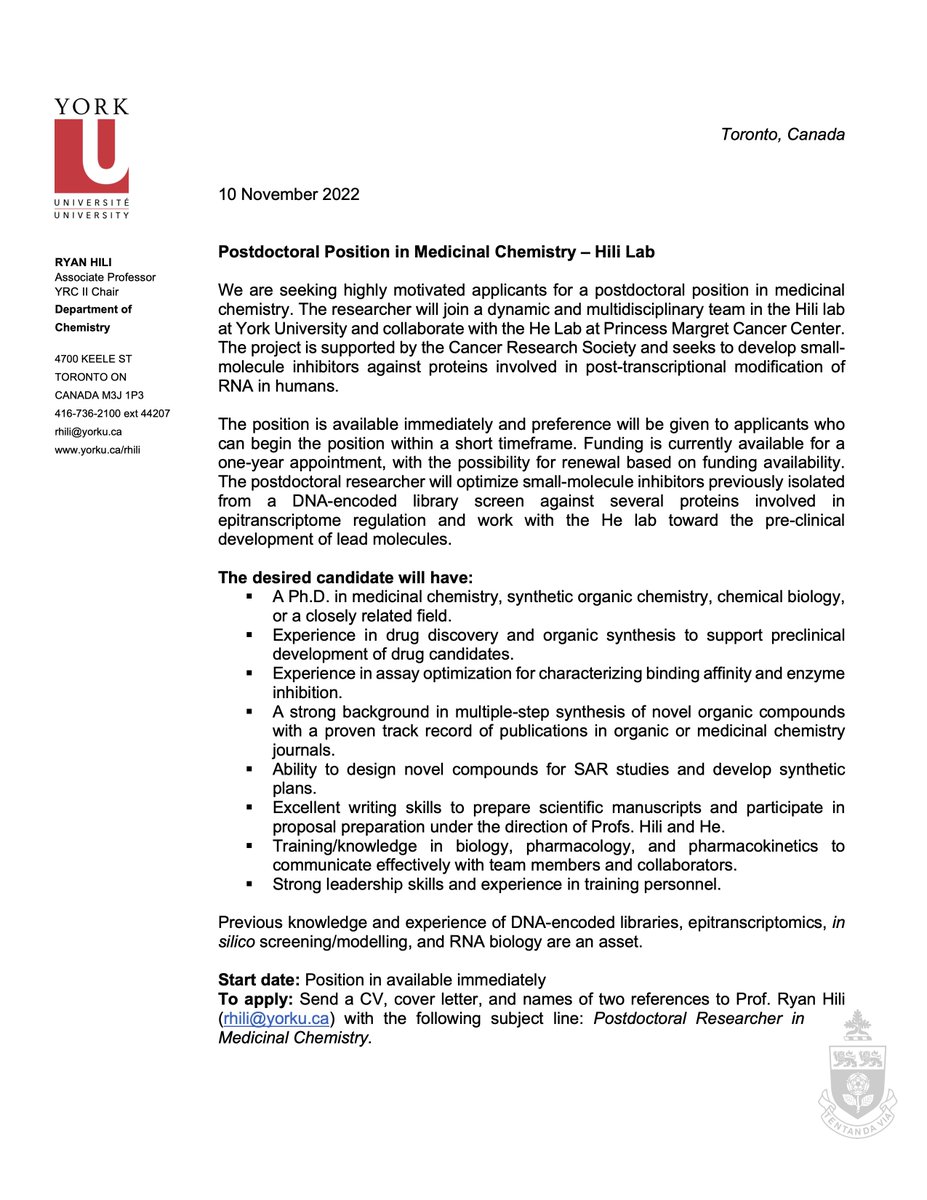 Hili Group (@hililab) on Twitter photo We have an opening for a #chempostdoc in medicinal chemistry <a href="/YorkUniversity/">York University</a> for a <a href="/SRC_CRS/">Cancer Research Society</a> funded project to develop small-molecule inhibitors against proteins involved in epitranscriptome regulation. See attachment for details. Position is available immediately. Please RT. We have an opening for a #chempostdoc in medicinal chemistry <a href="/YorkUniversity/">York University</a> for a <a href="/SRC_CRS/">Cancer Research Society</a> funded project to develop small-molecule inhibitors against proteins involved in epitranscriptome regulation. See attachment for details. Position is available immediately. Please RT.
