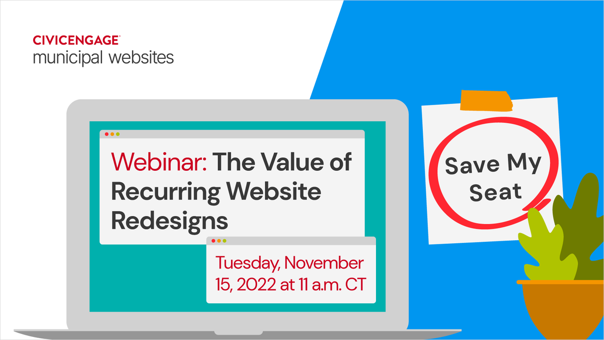 CivicPlus's tweet photo. Questioning whether you should redesign your local government website? 

Join @CivicPlus website expert, Ella Henton on Tuesday, November 15, to learn about the perks of redesigning your website.

https://t.co/j6HdtZ4Sz3

#website #webdesign #design #government #govtech https://t.co/4GBXS6I4PR