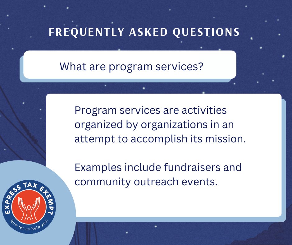 irstax990's tweet image. Program services are events and activities carried out by organizations to accomplish their missions.

#FAQ #programservices #nonprofits #taxexempt #charity