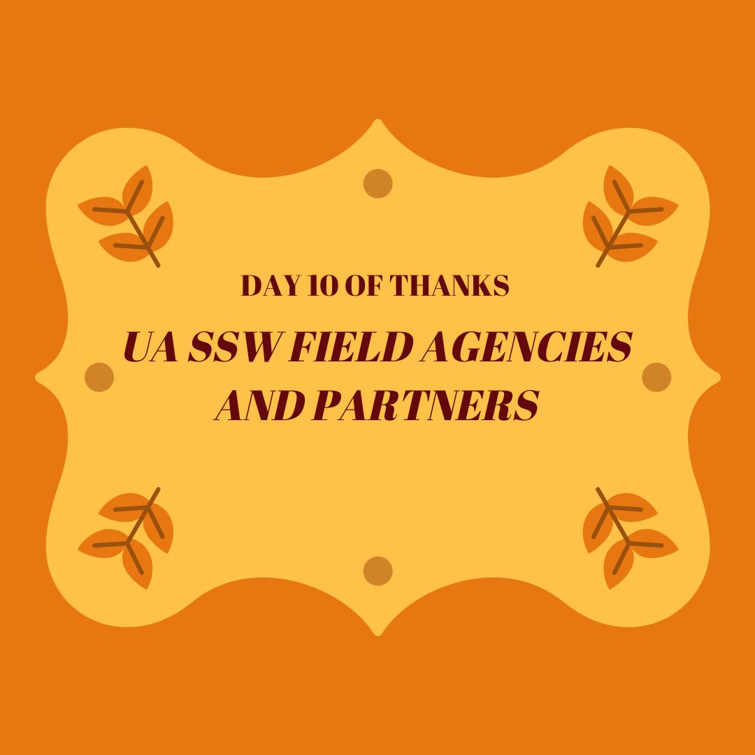 On Day 10 of our “12 Days of Thanks,” we would like to acknowledge our field agencies and partners. We appreciate your hard work preparing our future social workers to make a difference.🧡

#UASSW #socialwork