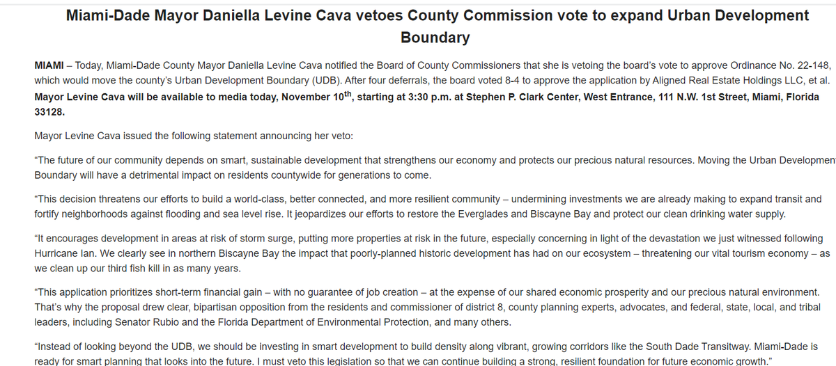 Doug Hanks (@doug_hanks) on Twitter photo It's official. Miami-Dade <a href="/MayorDaniella/">Daniella Levine Cava</a> vetoes the expansion of the Urban Development Boundary. It was passed 8 to 4, and 8 votes needed to override. Can the mayor flip a vote on Tuesday (or get someone to arrive late)? It's official. Miami-Dade <a href="/MayorDaniella/">Daniella Levine Cava</a> vetoes the expansion of the Urban Development Boundary. It was passed 8 to 4, and 8 votes needed to override. Can the mayor flip a vote on Tuesday (or get someone to arrive late)?