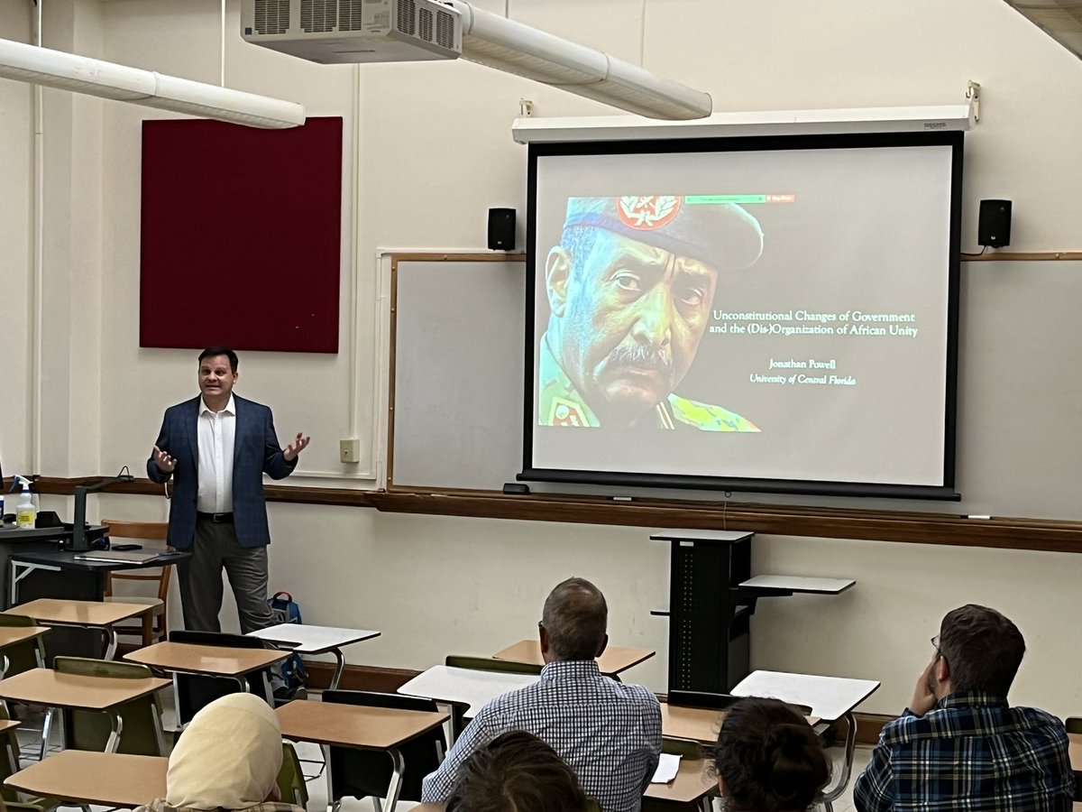 WKUPoliSci's tweet photo. Enjoyed welcoming @prof_powell back to the Hill to present his research on Coups &amp; the African Union to our students. He is a @WKUPcal alum - Anthropology major with a PS minor and is a professor at UCF. https://t.co/LPEjpol3nY