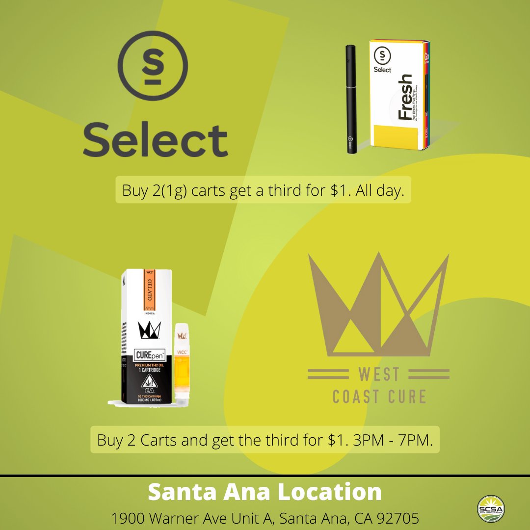 ScsaCosta's tweet photo. Select: All day
West Coast Cure: 3PM - 7PM
#selectvapes #westcoastcure #SCSA #santaanadispensary #orangecountydispensary #medicaldispensary #licenseddispensary #recreationaldispensary #cannabisdispensary #marijuanadispensary #potshop #marijuanastore https://t.co/7a8iDpjTHf