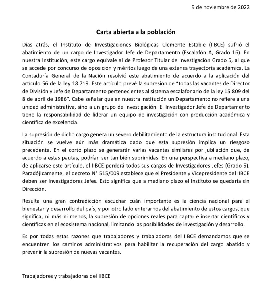 Gonzalo Moratorio (@gonzamoratorio) on Twitter photo Cómo se puede confundir una unidad administrativa con un departamento de investigación del primer instituto en Uruguay en hacer ciencia <a href="/IIBCE/">Instituto Clemente Estable</a> ? Además tan pero tan mal financiado está que le arrebatan cargos! Espero pueda solucionarse esto a la brevedad. Un palo más para la CyT. Cómo se puede confundir una unidad administrativa con un departamento de investigación del primer instituto en Uruguay en hacer ciencia <a href="/IIBCE/">Instituto Clemente Estable</a> ? Además tan pero tan mal financiado está que le arrebatan cargos! Espero pueda solucionarse esto a la brevedad. Un palo más para la CyT.