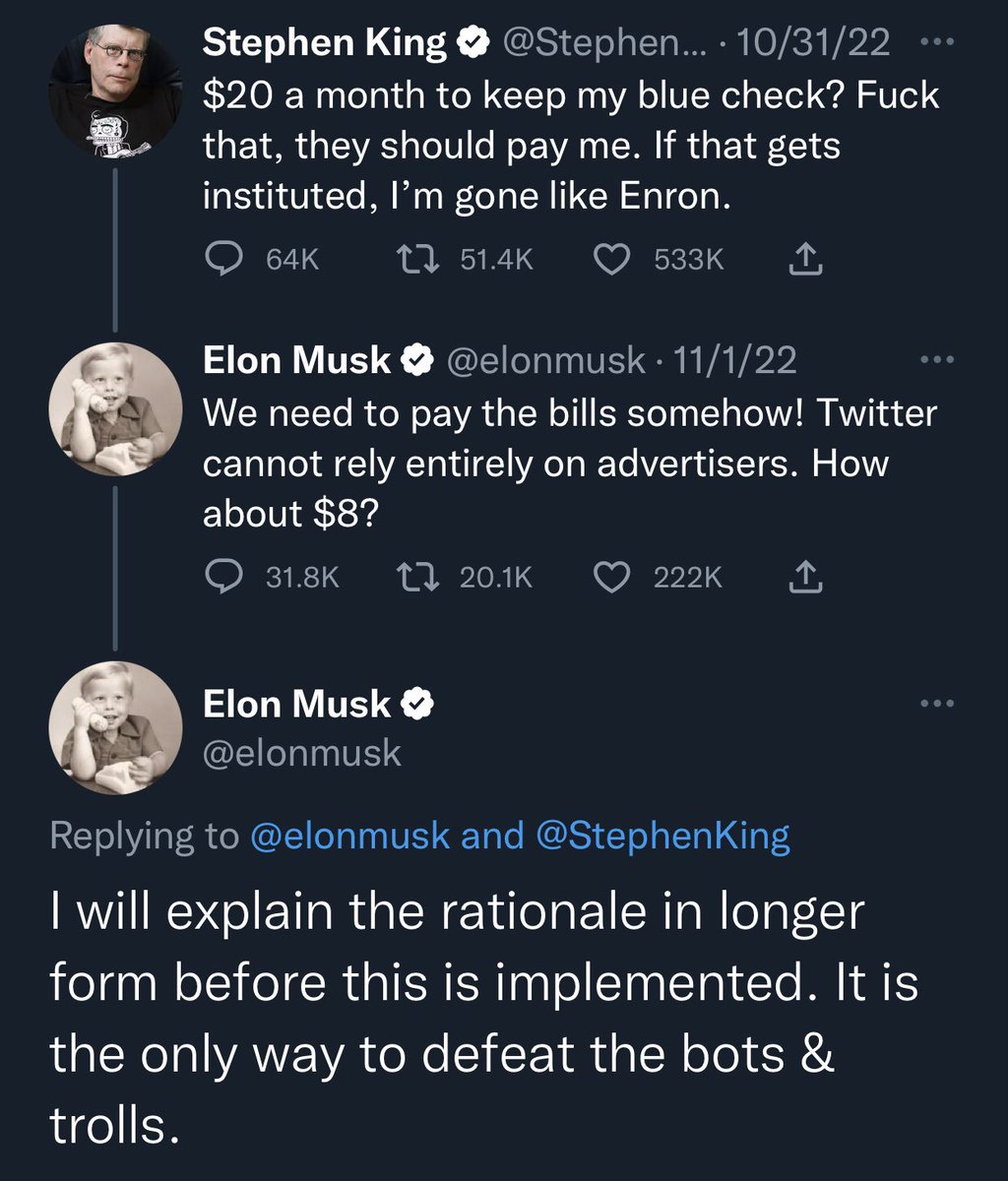 ostromecki's tweet photo. Twitter is now a sitcom and the two leads are Stephen King and Elon Musk #TwitterTakeover https://t.co/RLj3Lt4xIC