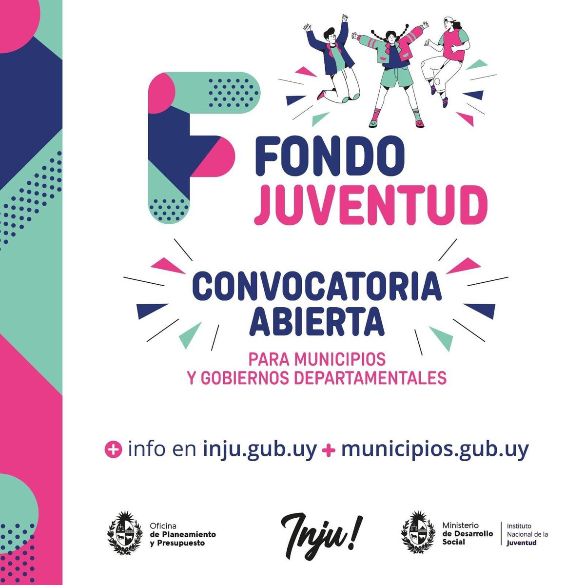 Fondos para promover el desarrollo de los jóvenes🙌

<a href="/oppuruguay/">OPP Uruguay</a> e <a href="/inju_uy/">INJU Uruguay</a> abren convocatoria para que las 19 intendencias y los 125 municipios de todo el país presenten proyectos que promuevan la participación de los jóvenes🇺🇾

 Más info👉municipios.gub.uy