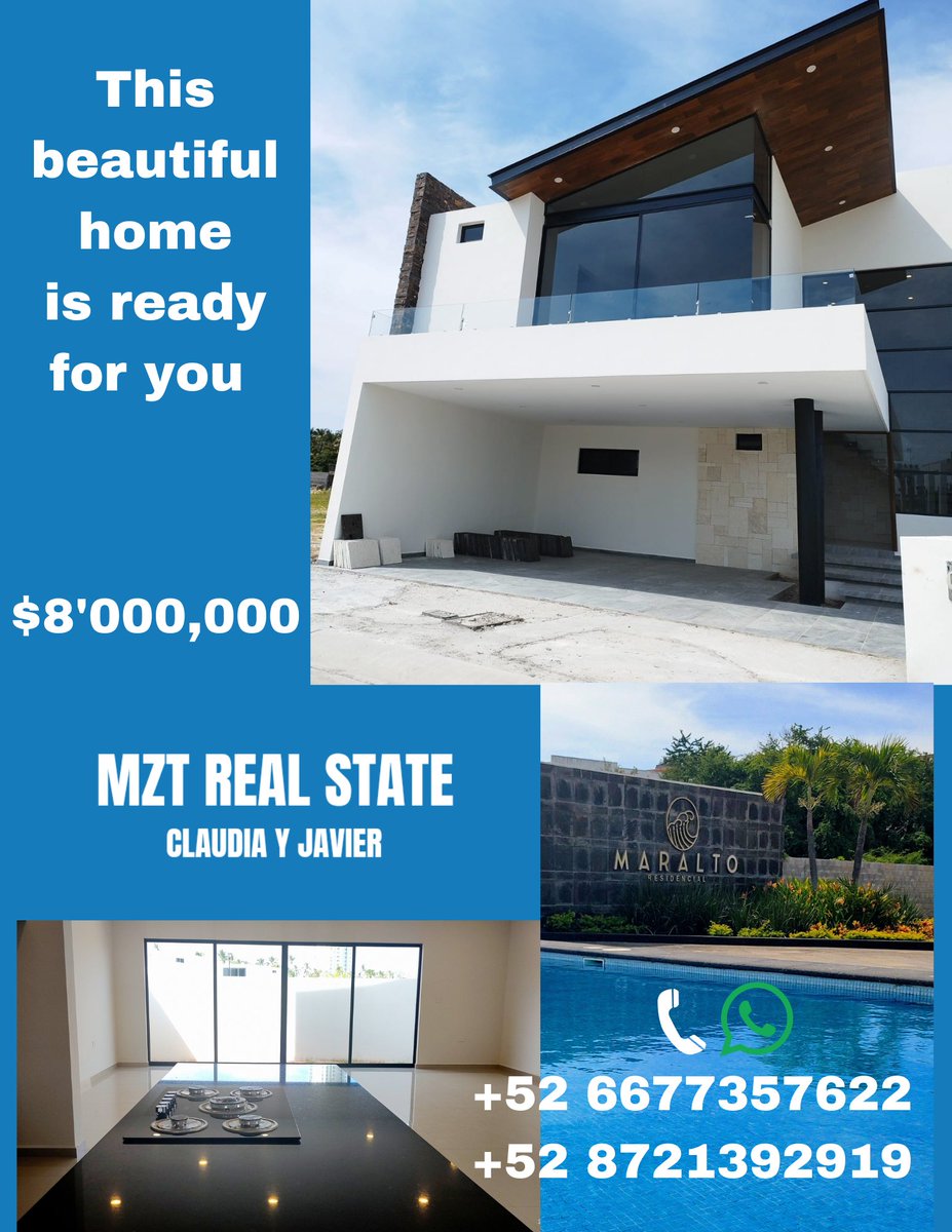 MztRealState's tweet photo. * House for sale Maralto Residencial * 🔥🔥🔥

 📍 In front of the pool

 🔹 3 spacious bedrooms with their dressing room and full bathroom
 🔸EquippedCedar kitchen  with hood and stove

 *Construction 3,550 Sqft./ 330 m2 

 *$8,000,000.00*

 Write For Showings and additional https://t.co/7ErtEnjtjA