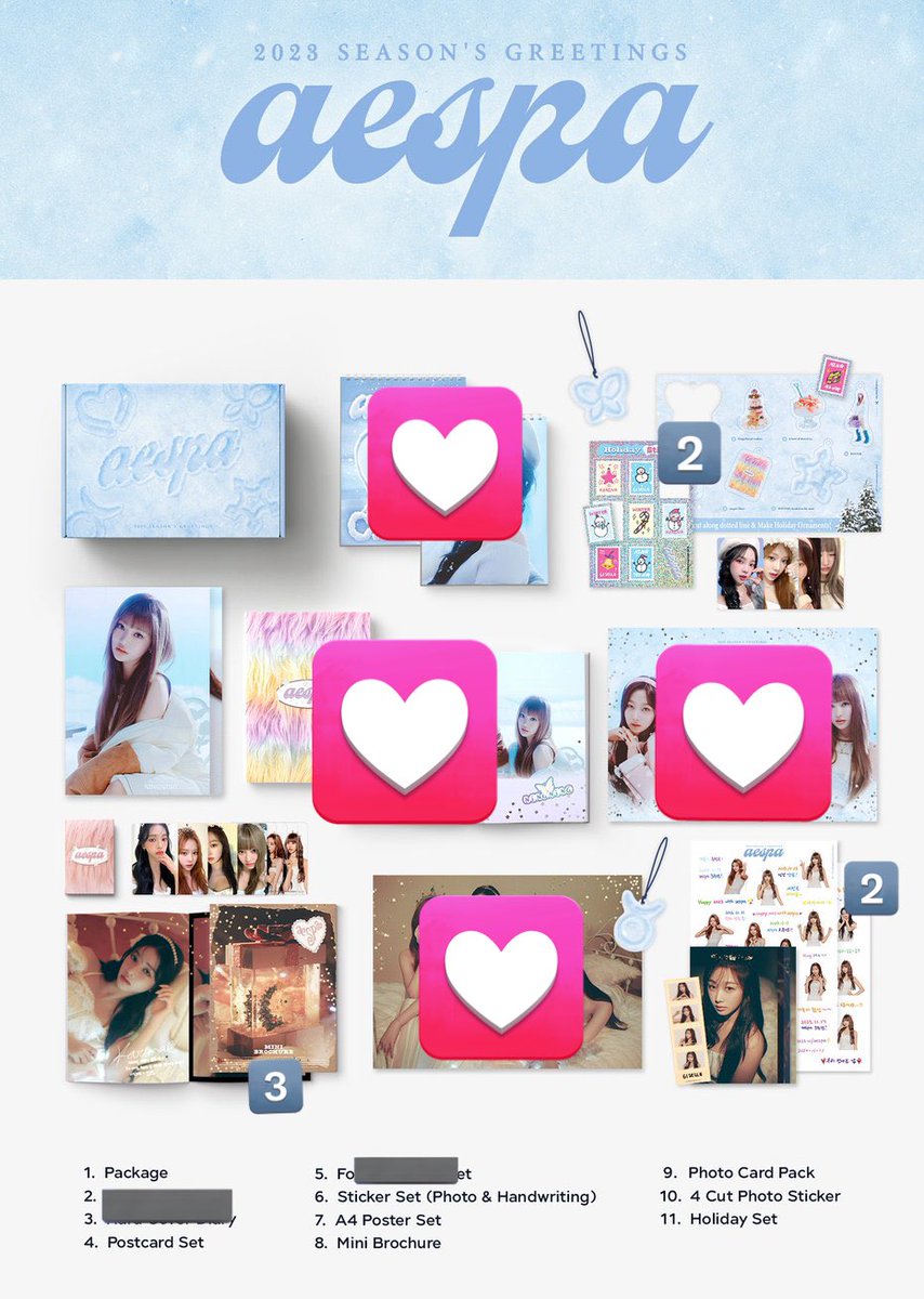 yeppiji's tweet photo. USA ONLY
wts aespa 2023 sg (w/ ktown4u pob)

$13/member set (postcard, a4 poster, clear pc, pc, 4 cut photo sticker, holiday set pc, holo pc pob)
ningning, winter, giselle ✅
karina ❌

other items:
mini brochure $3
sticket set $2
holiday set w/o pcs $2

comment to claim💗 https://t.co/wEstxTNJGG