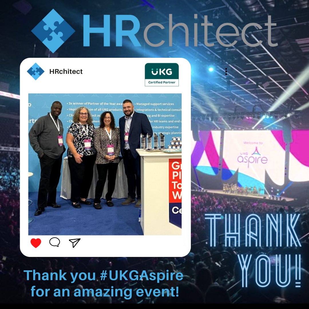 HRchitectNews's tweet photo. Thanks #UKGAspire for a GREAT event! The #HRchitect team💙spending time with our clients & friends.
#UKGPro #UKGDimensions #HRServiceDelivery #HRtech #HR #payroll #benefits #WFM #managedsupport #strategy #evaluation #selection #BIReporting #implementation #partner #RavenIntel https://t.co/TLKMY1q9zX