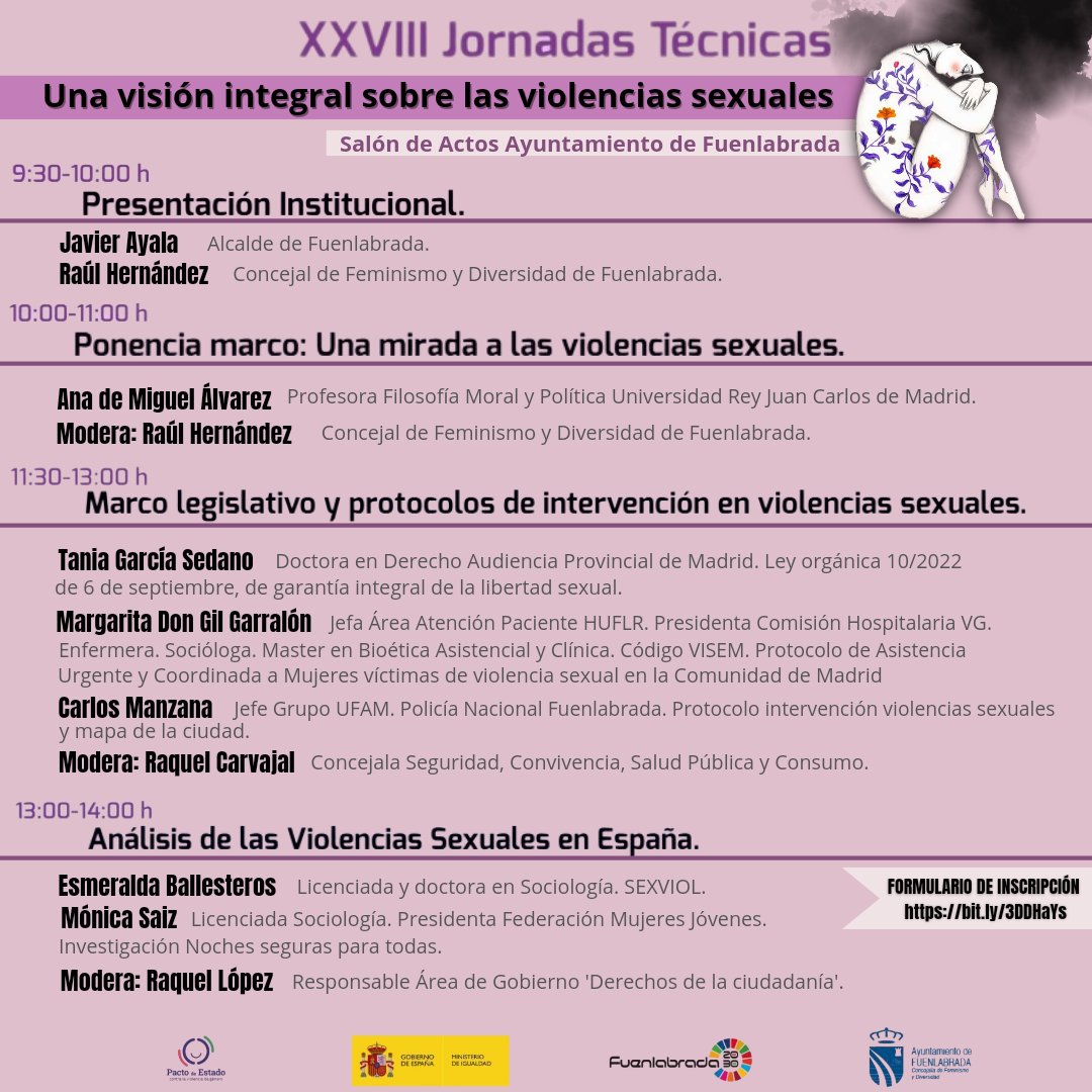 ♀️XXVIII Jornadas Técnicas: 'Una visión integral sobre las violencias sexuales'♀️

🗓️25 de noviembre.
👉Salón de actos del Ayuntamiento de Fuenlabrada.

🟣Ven a las jornadas, organizadas en el marco de la programación especial del 25-N.

📲 bit.ly/3DDHaYs

#MásIgualdad