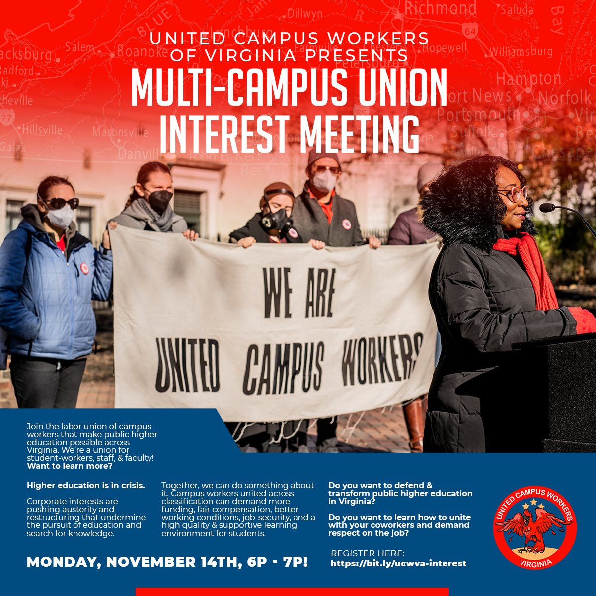 UCWVA's tweet photo. Are you interested in defending & transforming higher education in Virginia? Want to organize w/ coworkers for better? Join VCU Prof. & member-leader Frankie Mastrangelo to discuss how we do it! #CW4D
Learn more about UCW-VA on Mon, Nov. 14, 6-7p here: https://t.co/Nwyg5kJJEW https://t.co/jxXi08euEo