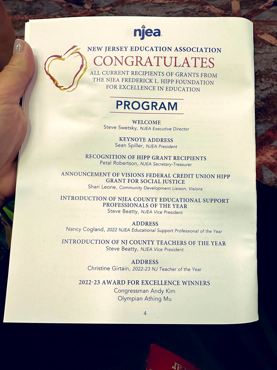 Honored to be seated and celebrated along side such amazing educators this afternoon at the <a href="/NJEA/">NJEA</a> Celebration of Excellence, including this year’s NJ State Teacher of the Year, <a href="/CCgirt/">Christine Girtain NJSTOY2023</a> Christine Girtain @NJEAConvention