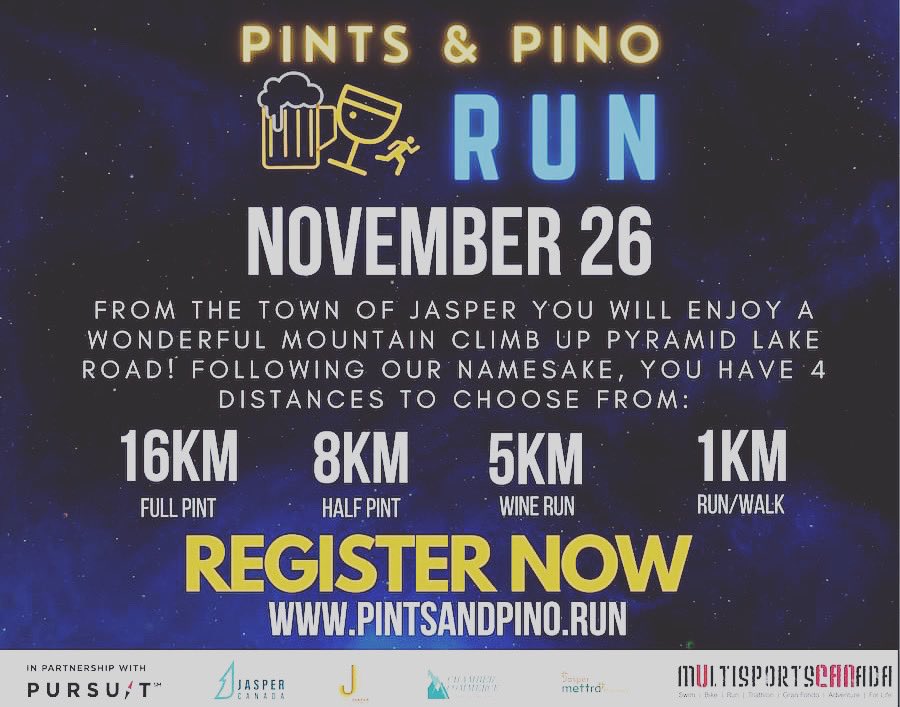 Have you signed up??🌲❄️🍺🏔🥂 RUN JASPER - PINTS & PINO RUN - NOVEMBER 26 Get in an awesome end of season challenging run and wrap it up with some festivities in Jasper - including a comp beverage at Jasper Brewing!! pintsandpino.run #jasperbrewingco #jasperalberta