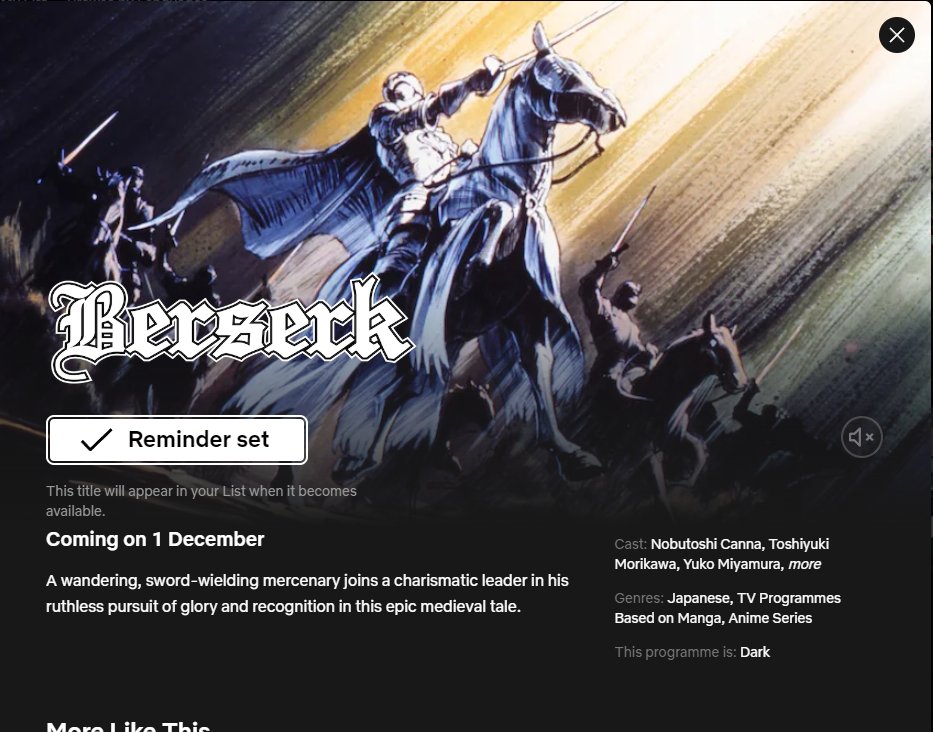 Berserk  Anime de 1997 estreia na Netflix