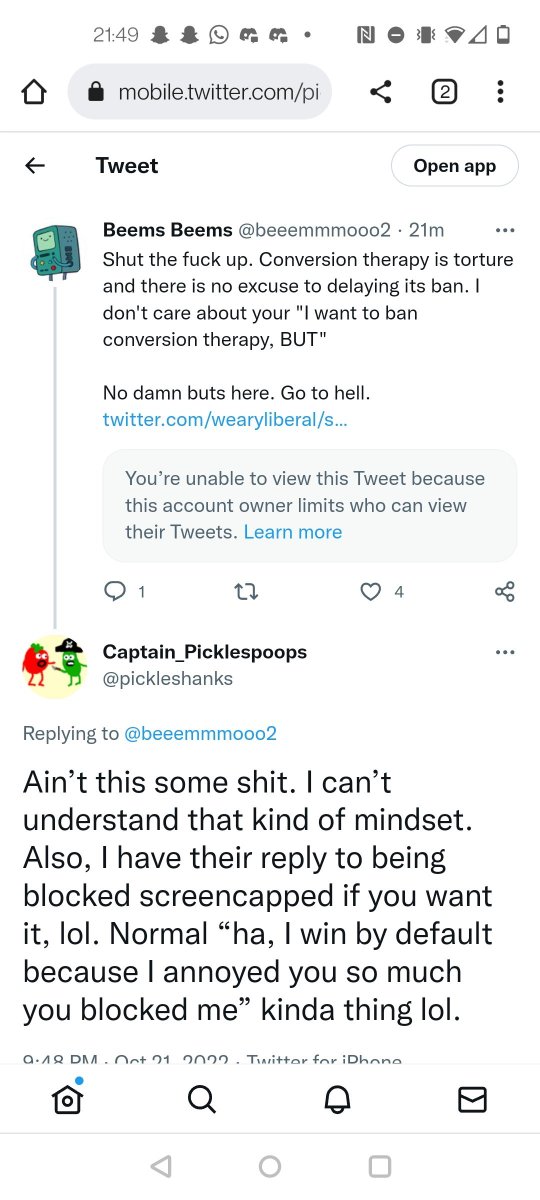 beeemmmooo1's tweet photo. @wearyliberal @beeemmmooo2 @IzzyKamikaze You constantly tweet about how awful all trans people supposedly are so you really can't turn around and claim this, also, you also blocked me, which is kinda really funny when you come up with shit like this. I can read messages from blocked people, I can't when they block back. https://t.co/vwPtZBctjo