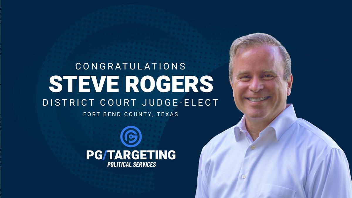 PgTargeting's tweet photo. Steve Rogers defeated an incumbent Democrat to take back Fort Bend County's 268th District Court. It was really exciting to see a real, measurable effect that PG/Targeting's content had on the margin's of his race compared to the other judicial races. Congrats Judge-elect Rogers! https://t.co/Cq3B7xDEar